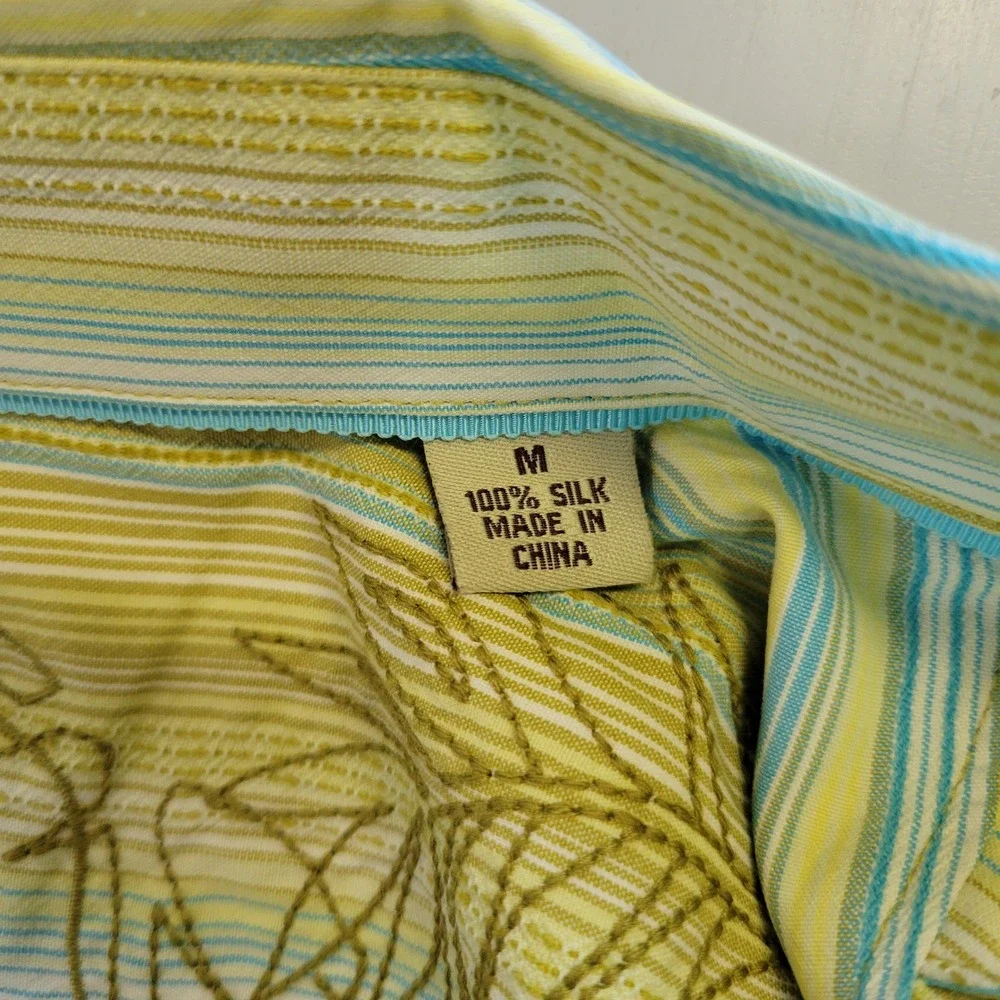 Tommy Bahama Mens Medium 100% Silk‎ Striped Short Sleeve Button Down Shirt Green